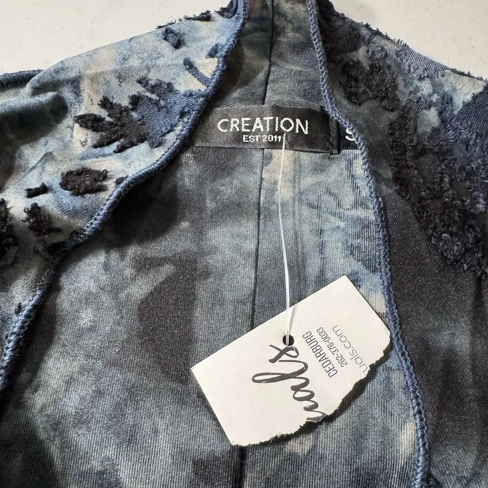 NWT Creation Navy Burnout Velvet Fly‎ Away Duster Kimono Artsy Boho Lagenlook